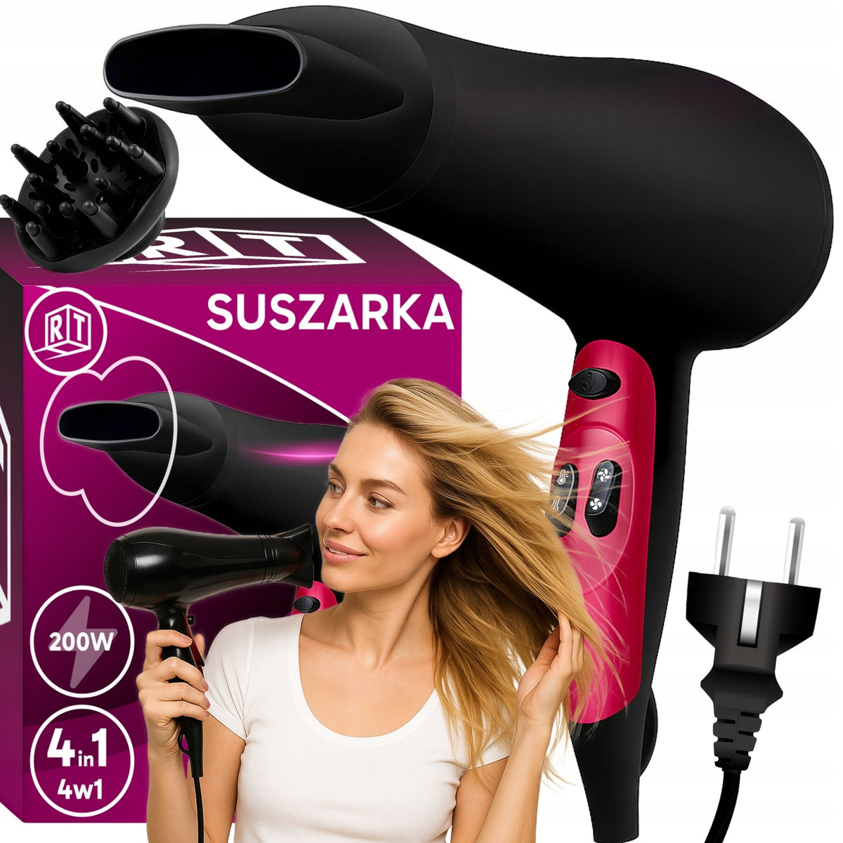 Suszarka do włosów 4w1 2000W mocna 3 prędkości dyfuzor koncentrator nadmuch