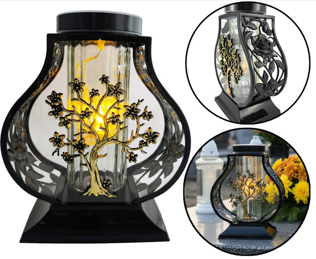 Znicz solarny na grób duży lampion drzewko złoty LED efekt płomienia lampka cmentarna, ozdoba nagrobna, wysokość 27 cm