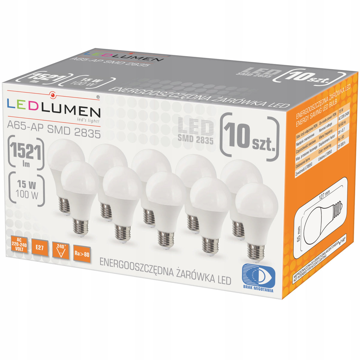 Zestaw 10x Żarówka LED E27 A65 15W=100W 1521lm 240° Premium Ciepła 3000K kulista lampa do opraw, oświetlenie wnętrz