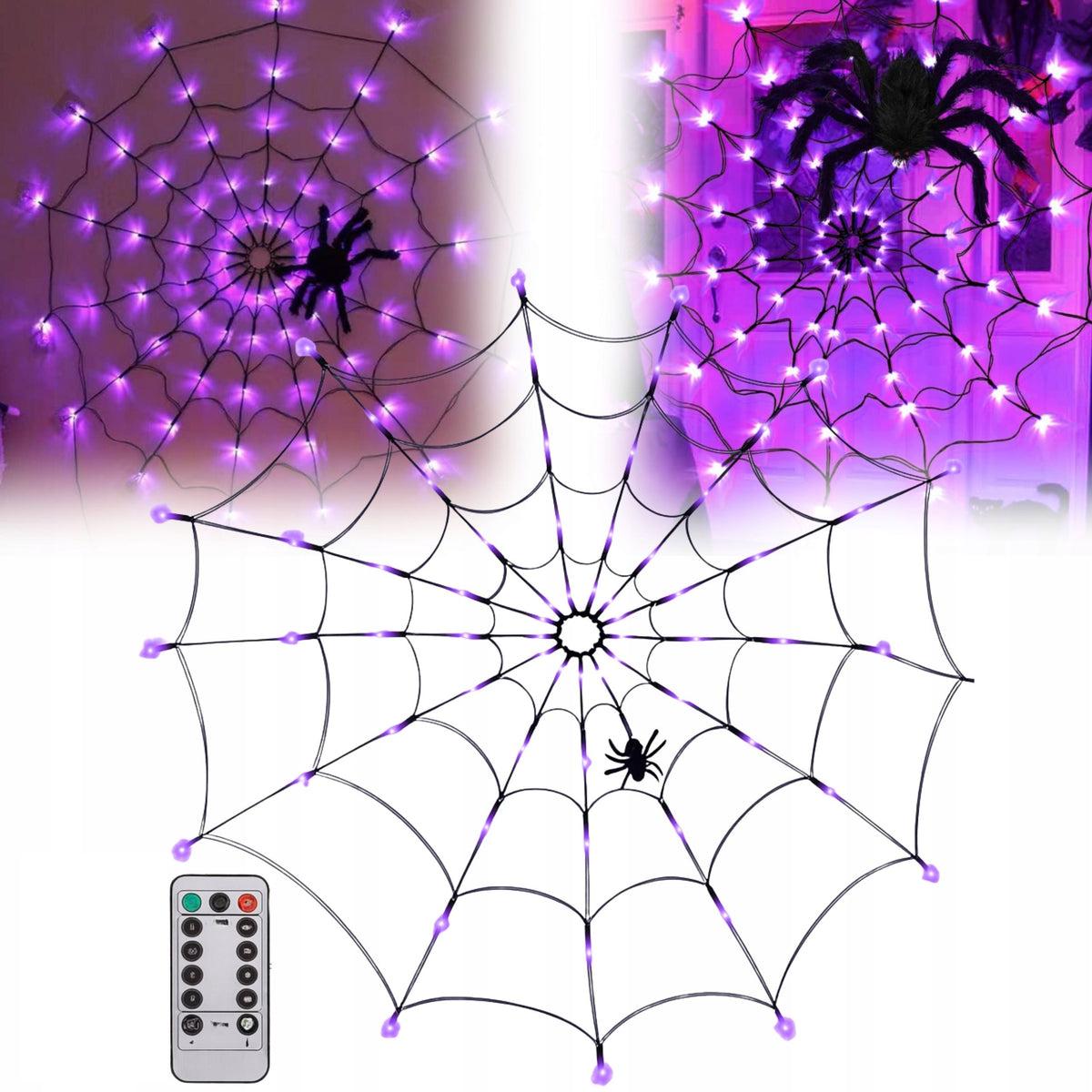 PAJĘCZYNA na HALLOWEEN 70 LED SZTUCZNA ŚWIECĄCA LAMPKI FIOLETOWE + pajak dekoracja imprezowa, ozdoba wnętrza, sieć