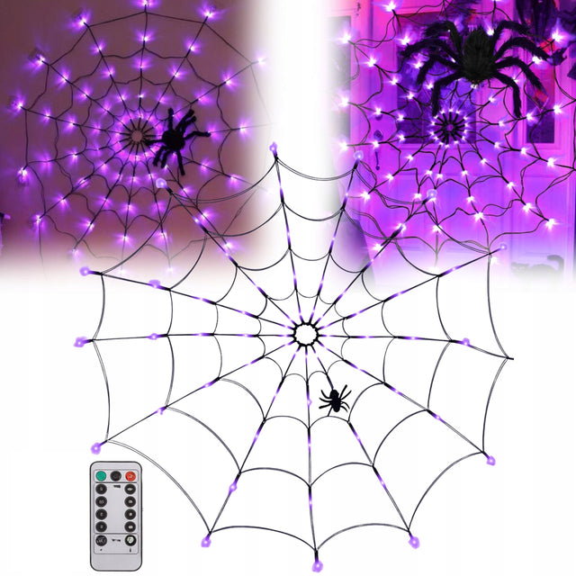Pajęczyna na halloween 70 LED sztuczna świecąca lampki fioletowe + pajak dekoracja imprezowa, ozdoba wnętrza, sieć dekoracyjna na przyjęcie