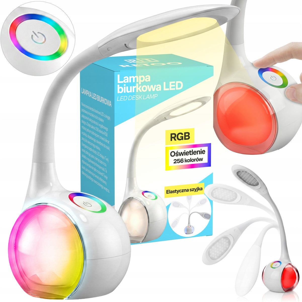 LAMPKA LED BIURKOWA USB DLA DZIECKA BARWY 256 KOLORY RGB LAMPA NA BIURKO do nauki, regulowana jasność, ściemniana