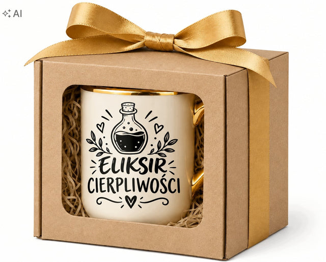 Elegancki kubek prezent na dzień nauczyciela eliksir cierpliwośći porcelanowy 330 ml do kawy i herbaty
