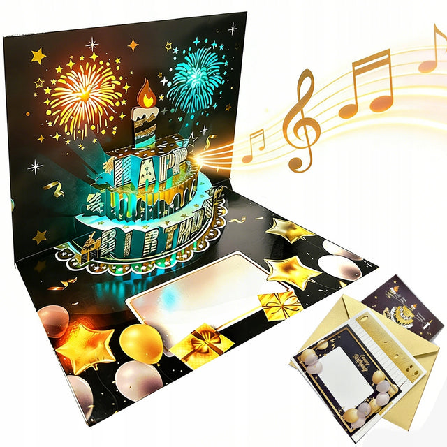 Kartka urodzinowa grająca Melodia światło tort LED zdmuchnij świeczkę Magia