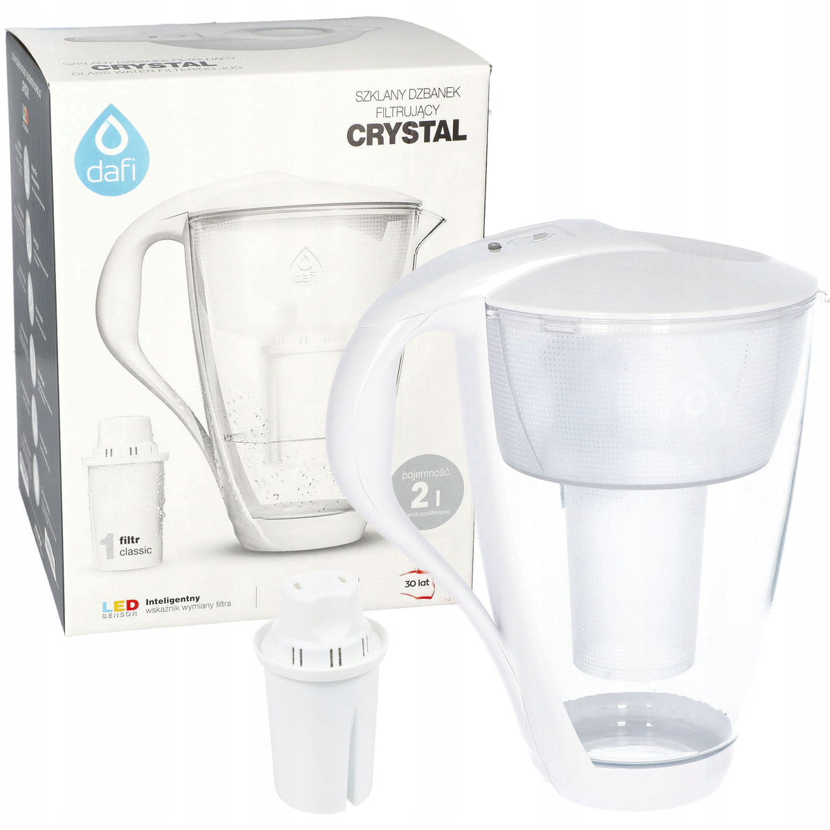 Dzbanek filtr dafi Crystal 2.0l + Wkład do filtrowania wody pitnej, szklany, biały, 10 elementów w komplecie