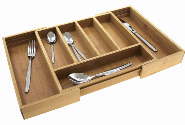 Wkład szuflady bambusowy organizer Sztućce 1218 pojemnik na noże, widelce i łyżki, 7 przegródek, biały, 43 × 31,5 cm