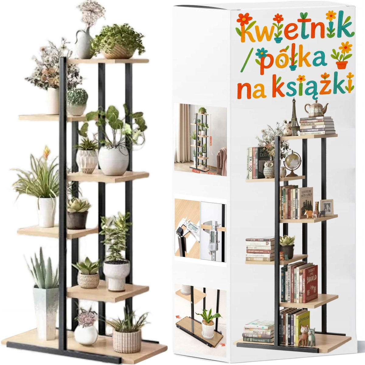 Kwietnik stojak na rośliny kwiaty doniczki metalowy regał drewniane półki maks. 6 donic, 113 cm, styl loftowy