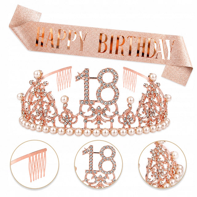 Tiara 18 urodziny z perełkami + szarfa happy birthday rose gold opaska na głowę, korona dla solenizantki, akcesorium na przyjęcie