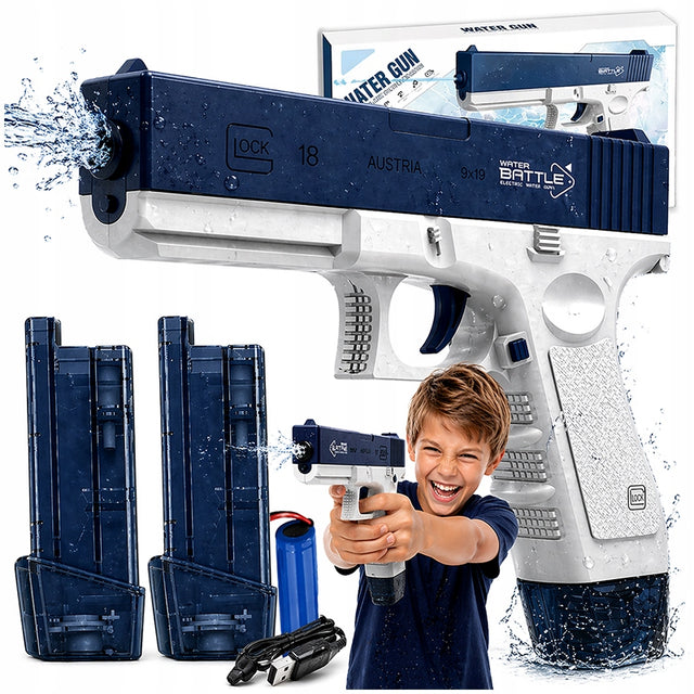 Pistolet na wodę automatyczny elektryczny JAK glock 2 magazynki sikawka zabawka ogrodowa dla dzieci, niebieska, od 6 lat, 20,5 cm