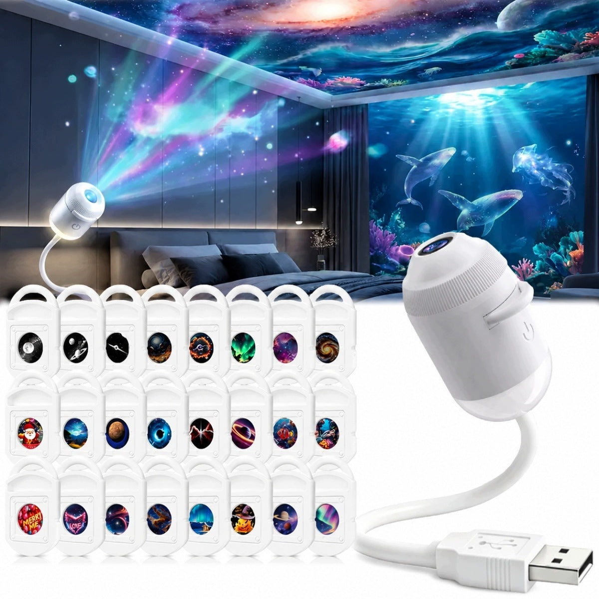 Holograficzny projektor nocny z 24 slajdami HD obrót o 360° lampka do pokoju dziecka, dekoracyjne oświetlenie