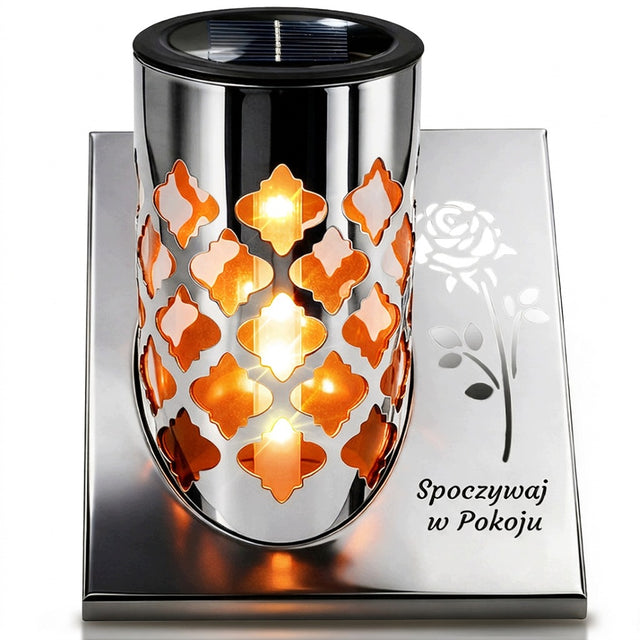 Znicz solarny LED róża duży na grób cmentarz lampion ledowy 23,5cm IP44 dekoracja nagrobna, ozdoba na Wszystkich Świętych, czas świecenia ponad 75 h