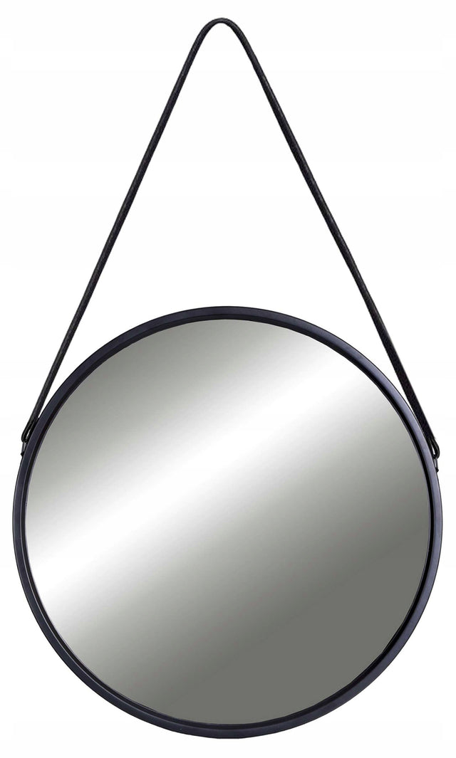 Lustro okrągłe wiszące ścienne na pasku ścianę loft czarne loftowe 50 cm dekoracja z metalową ramą do salonu sypialni przedpokoju