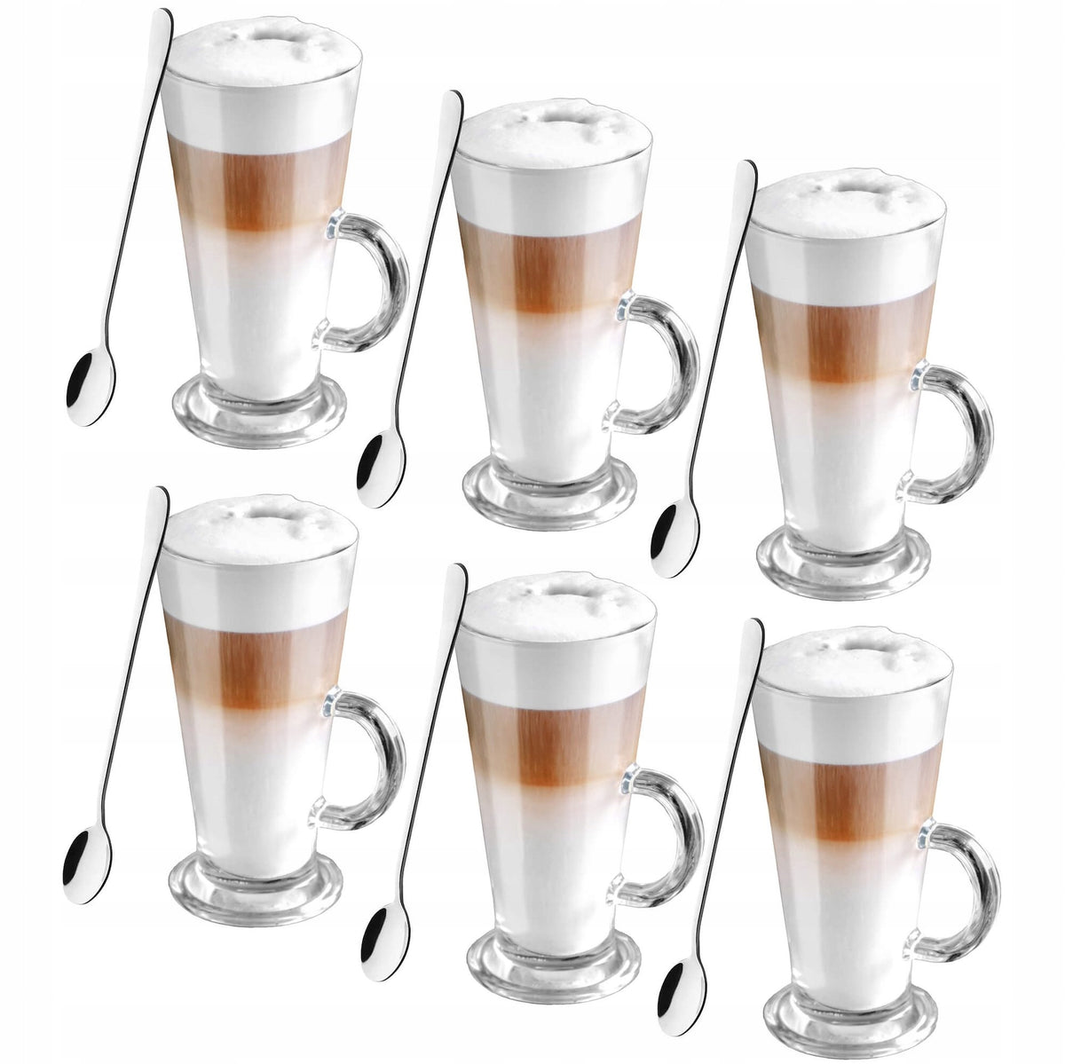 ZESTAW 6 szt. SZKLANKI I ŁYŻECZKI DŁUGIE DO KAWY LATTE MACCHIATO KOMPLET do cappuccino, 280 ml, szkło, przezroczyste
