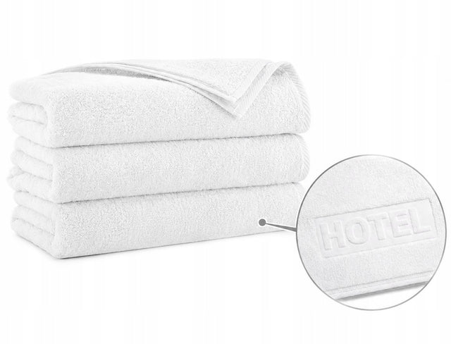 Ręcznik kąpielowy biały duży hotelowy 550g bawełna napis hotel 100% 70x140 antybakteryjny szybkoschnący gładki tekstylia łazienkowe