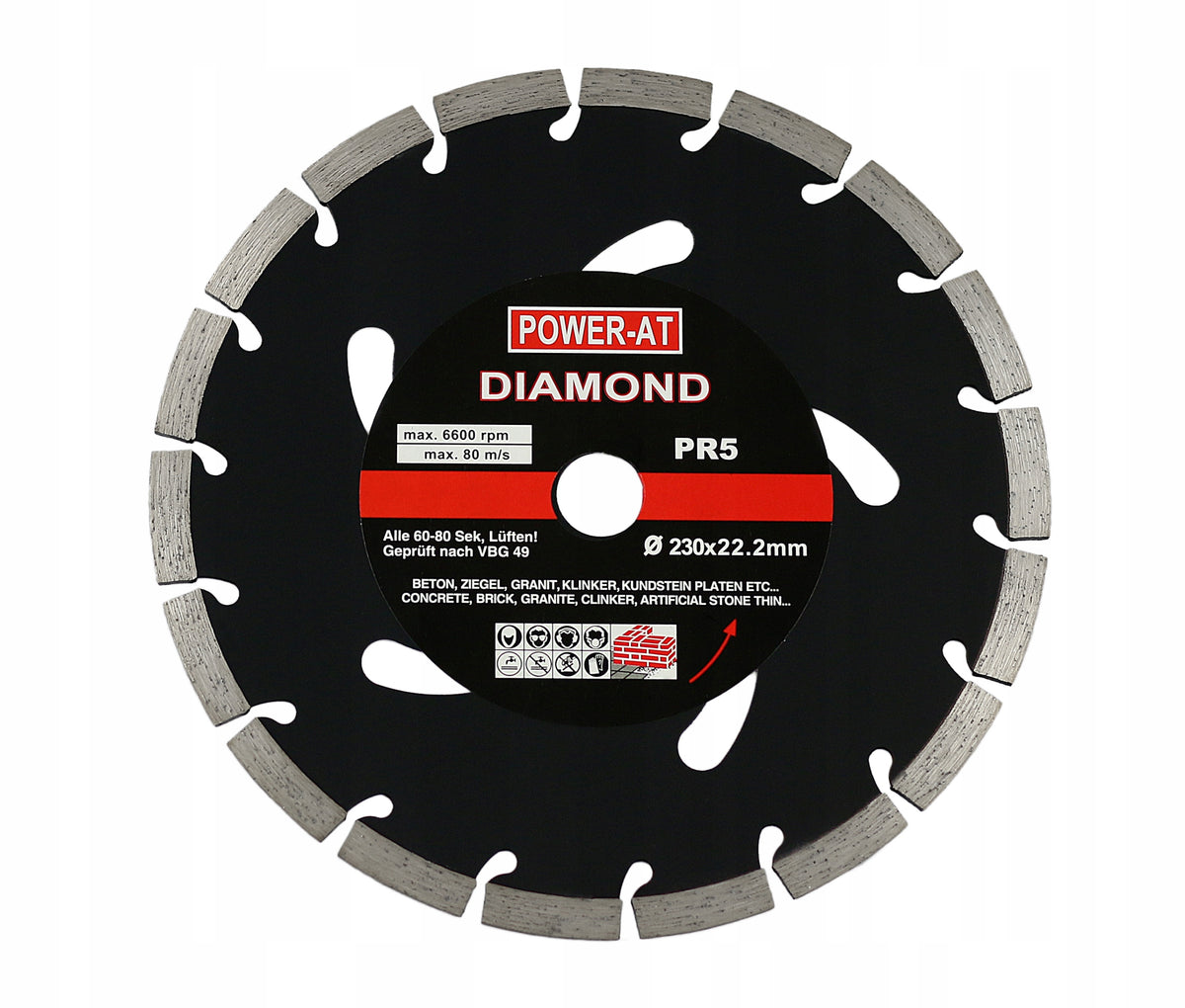 Tarcza diamentowa segment betonu kostki 230 mm do cegieł i gazobetonu, otwór mocujący 22,2 mm