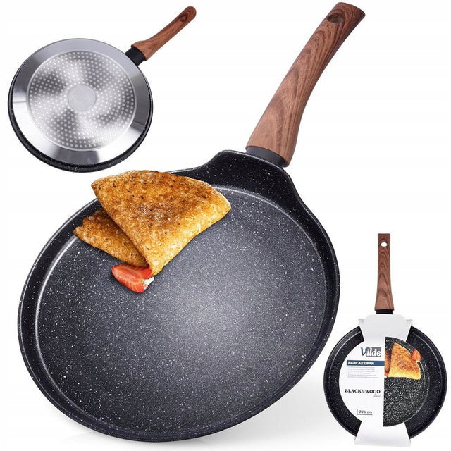 Patelnia granitowa do naleśników placków omletów niska płaska 26 cm vilde na indukcję, gaz i ceramikę, do jajek, zmywarka, chłodny uchwyt