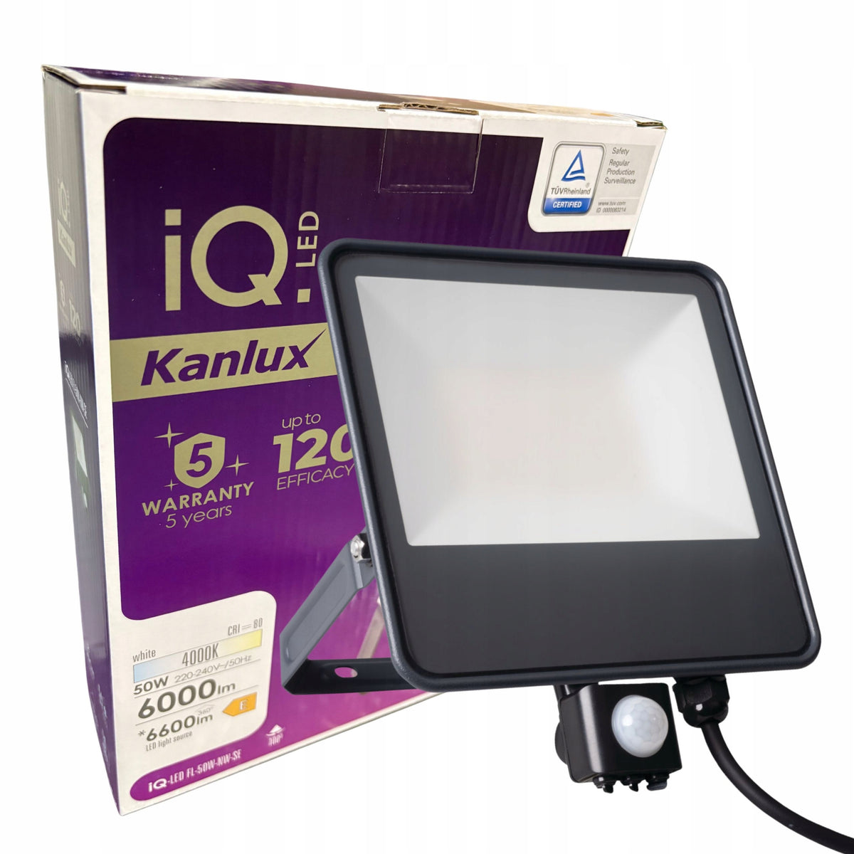 Kanlux naświetlacz led iq-led FL-50W-NW-SE 50W 6000LM z czujnikiem ruchu reflektor IP44 neutralne białe światło 4000K