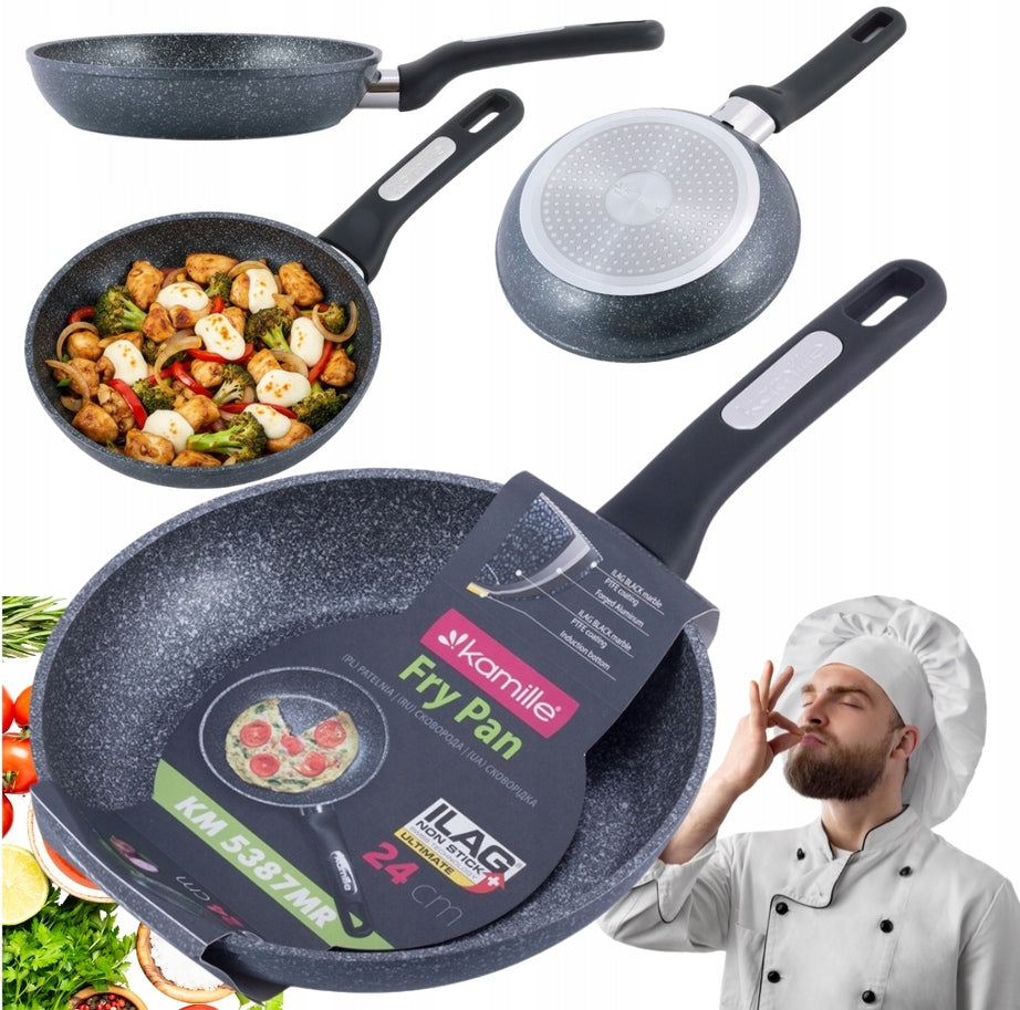 Patelnia Aluminiowa Powłoka Marmurkową Grube dno Indukcja Gaz 24cm kamille do smażenia, kuchenka ceramiczna i
