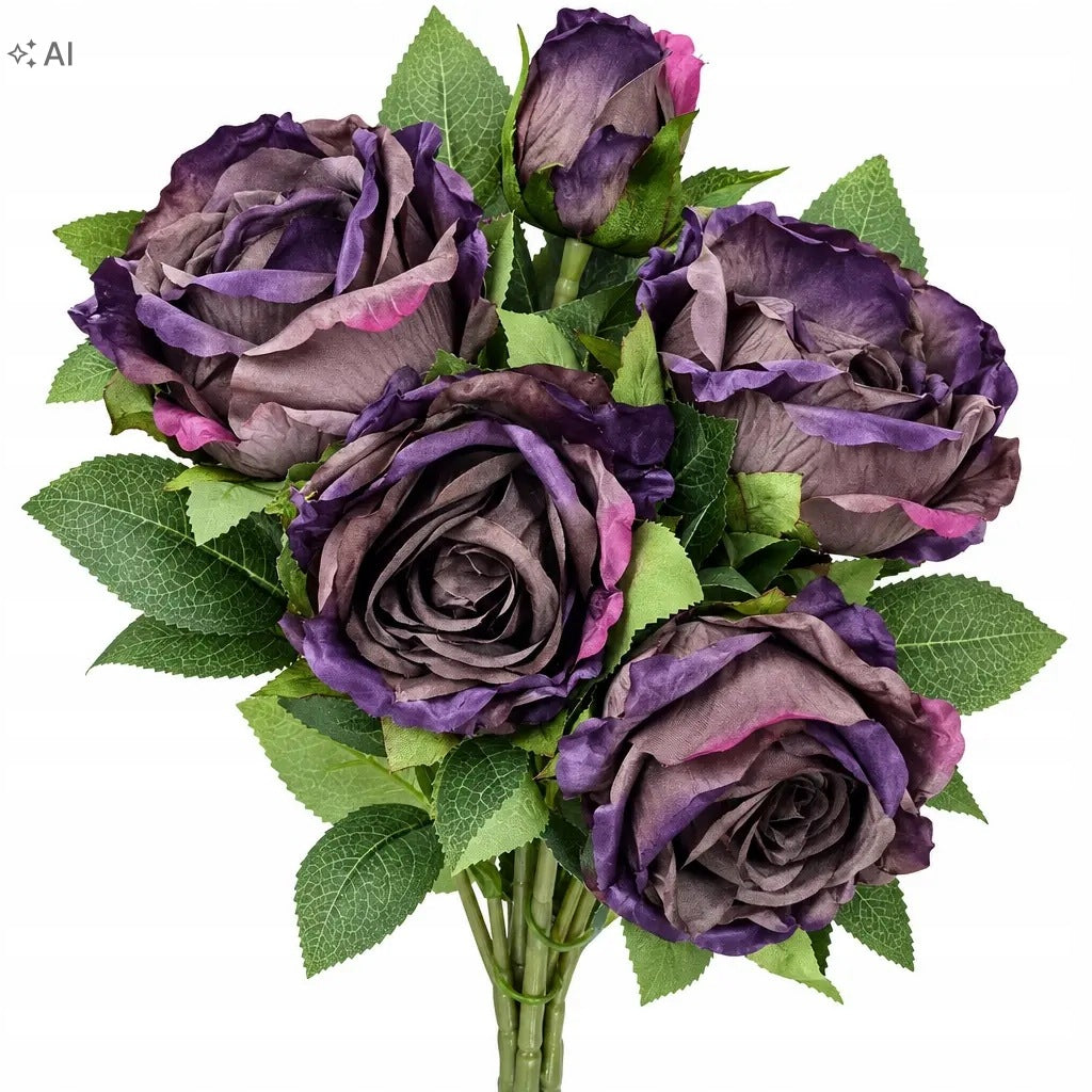 Róża róże bukiet sztuczny 55 cm 5 kwiatów ciemnofioletowe do wazonu kompozycja florystyczna, dekoracja wnętrza, ozdoba