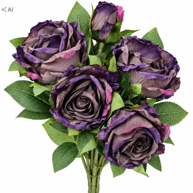 Róża róże bukiet sztuczny 55 cm 5 kwiatów ciemnofioletowe do wazonu kompozycja florystyczna, dekoracja wnętrza, ozdoba stołu