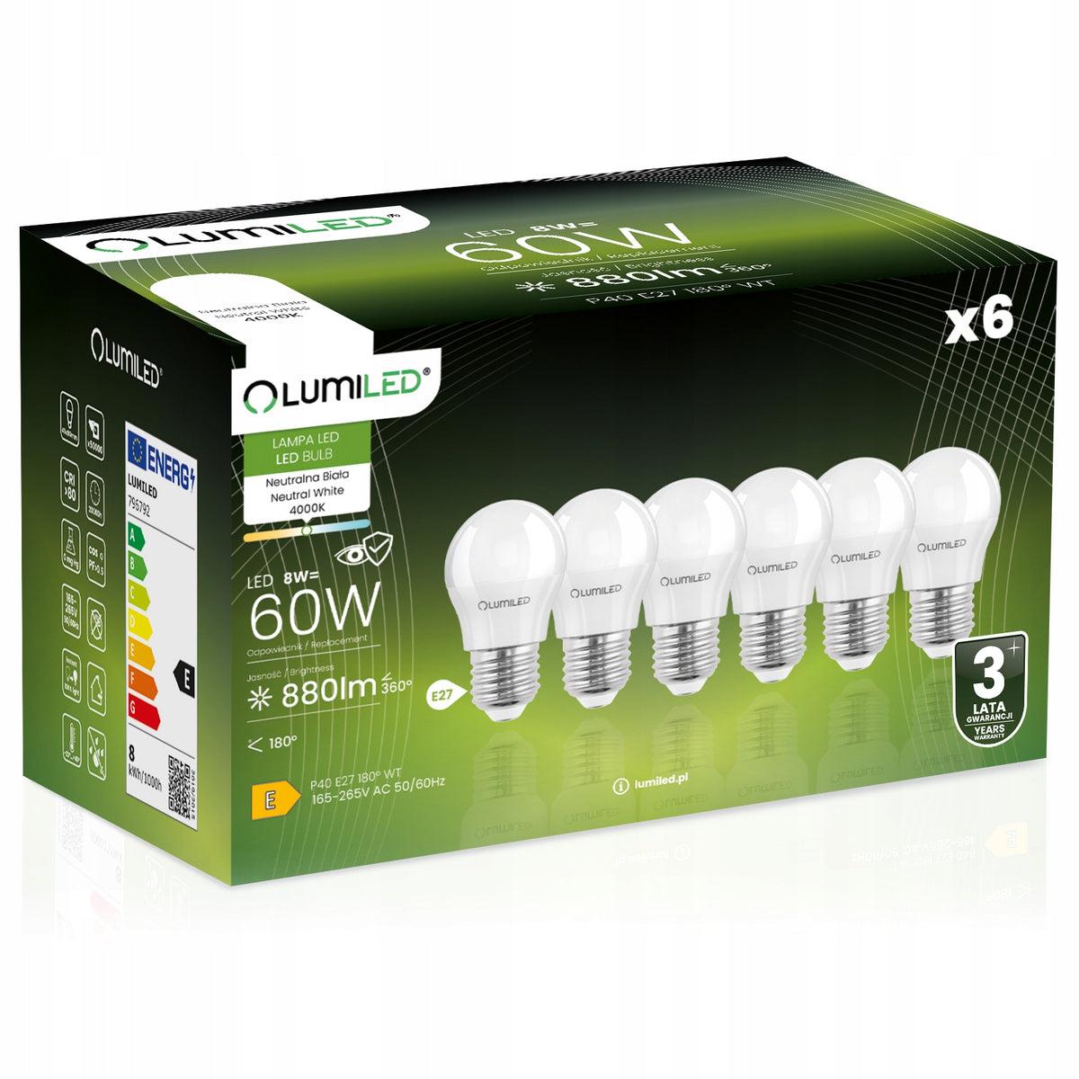 6x Żarówka LED E27 kulka 8W = 60W 4000K Neutralna Barwa CCD 180° lumiled 880 lm do lamp i opraw domowych