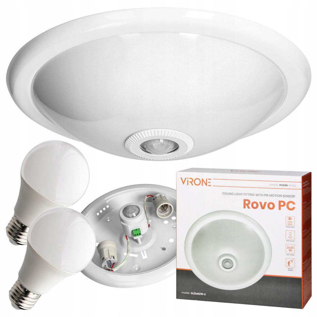 Plafon LED lampa sufitowa czujnik ruchu zmierzchu + 2x żarówka E27 LED 9W okrągła oprawa, biała, neutralna barwa