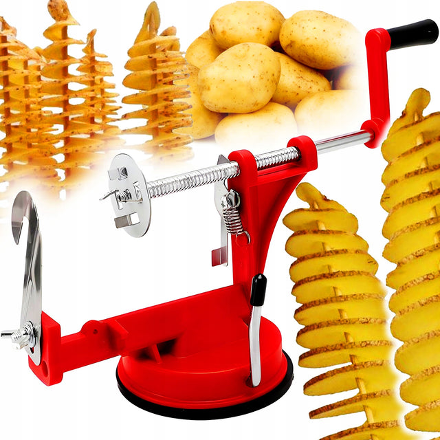 Maszynka krajalnica do ziemniaków warzyw chipsów zakręcona frytka spirala ręczny spiralizer kuchenny, czerwono-srebrny