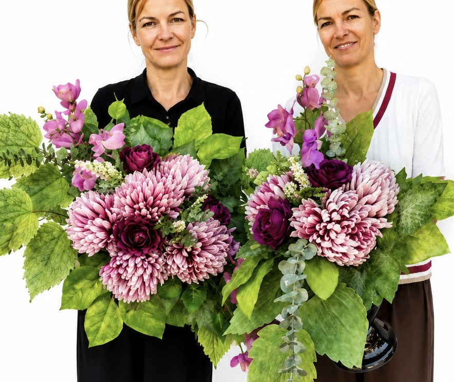 Duża Wiązanka Stroik + Bukiet Sztuczne Kwiaty Róże Chryzantemy na Cmentarz ozdoba nagrobka, dekoracja pomnika, 34 cm