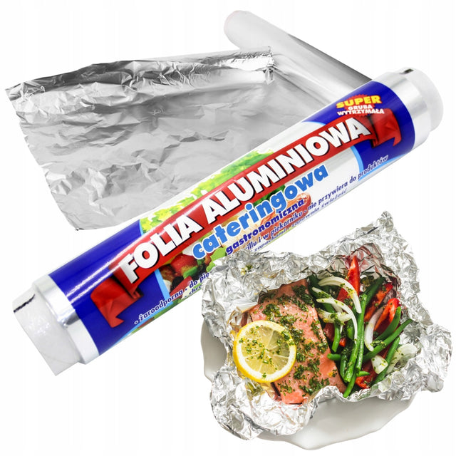 Folia aluminiowa spożywcza gruba gastronomiczna cateringowa rolka 60 metrów do pieczenia i zawijania żywności, szerokość 29 cm