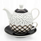 Dzbanek Filiżanka Spodek Porcelana Komplet 3w1 Imbryk do Kawy Herbaty czajniczek 320 ml, biało-czarny, można myć w