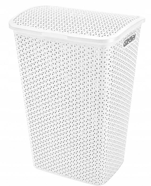 Kosz na pranie bielizne rattanowy biały z pokrywą łazienkowy pojemnik odzieżowy, tworzywo sztuczne, wolnostojący, 70 l, 39x29x57 cm