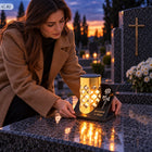 Znicz solarny LED duży szklany złoty metalowy nagrobny cmentarz ledowy lampion na grób, lampka nagrobkowa, dekoracja