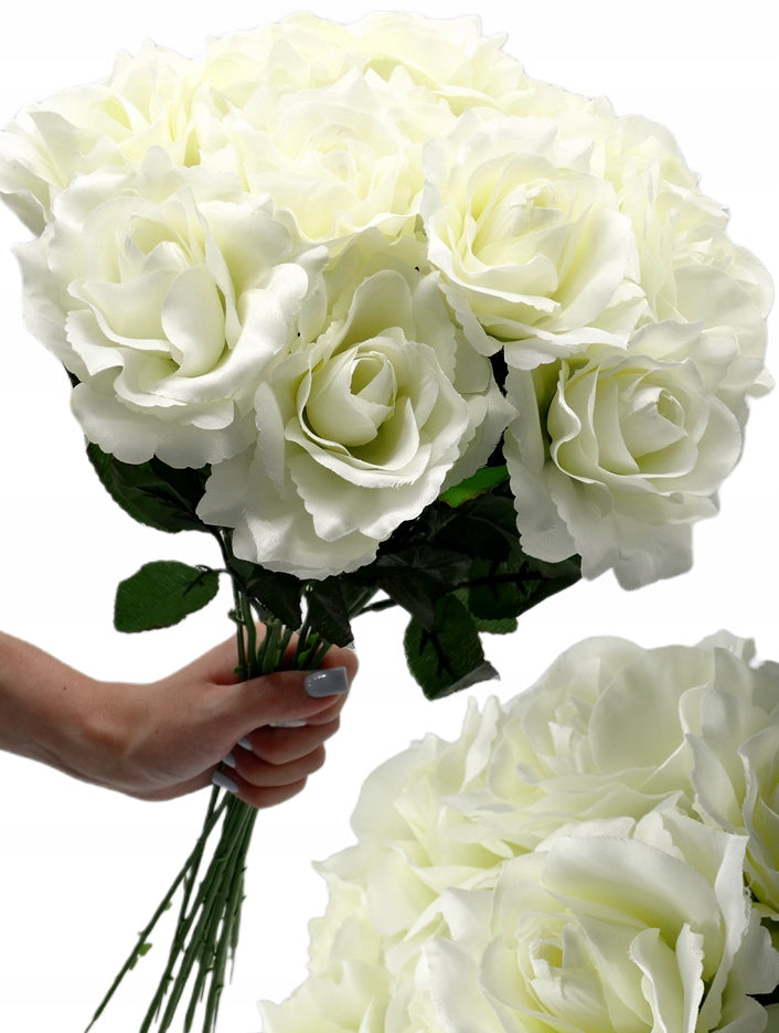 Róża Biała Bukiet Róż Sztuczne Kwiaty Gałązki do Wazonu Róże Jak Żywe 53 cm dekoracja wnętrza, ozdoba florystyczna, 12