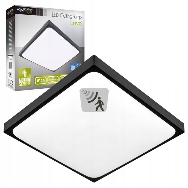 Lampa Sufitowa z Czujnikiem Ruchu Plafon Kwadratowy Czarny 2xE27 30,5cm oprawa do korytarza przedpokoju klatki schodowej 2x6 w