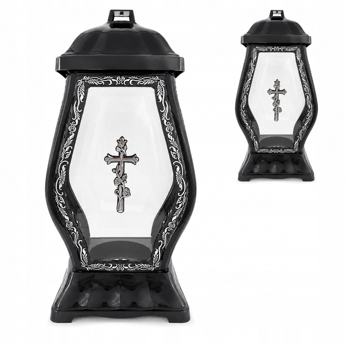 Duży znicz kapliczka na grób wszyskich świętych lampion czarny +srebro oświetlenie nagrobne LED 39 cm