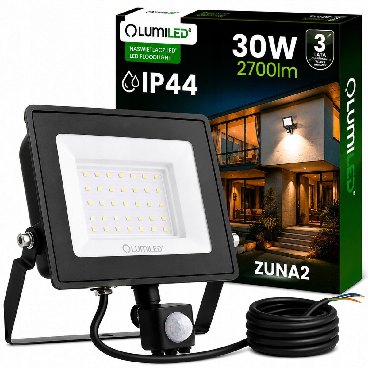 Halogen naświetlacz LED 30W 4000K IP44 zewnętrzny lampa z czujnikiem ruchu reflektor 2700 lm, neutralna biel, do ogrodu