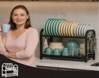 Suszarka do naczyń dwupoziomowa ociekacz talerze sztućce + uchwyt na deskę metalowa czarna składana, organizer kuchenny