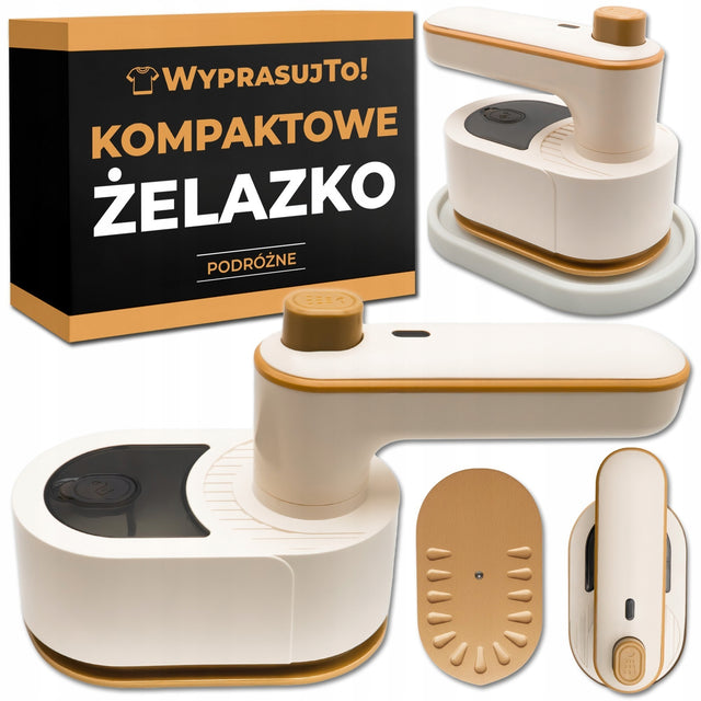 Żelazko Turystyczne Podróżne Przenośne Małe Lekkie do Ubrań Ręczne Składane stopa aluminiowa, zbiornik 50 ml, moc 1000 w, beżowy