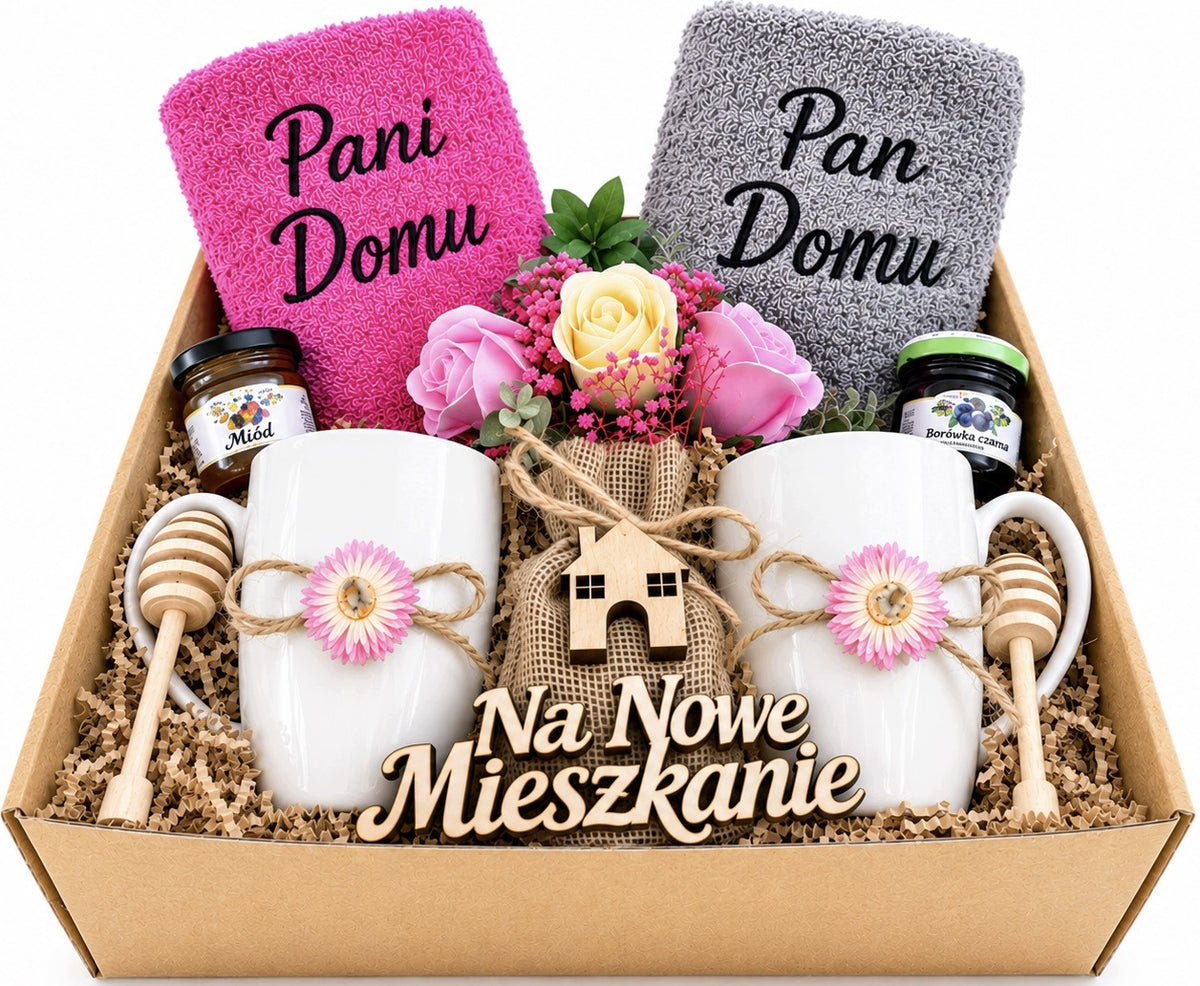 Prezent na nowy dom Kosz Prezentowy na Parapetówkę Ręczniki z Haftem praktyczny upominek dla pary, wyposażenie łazienki