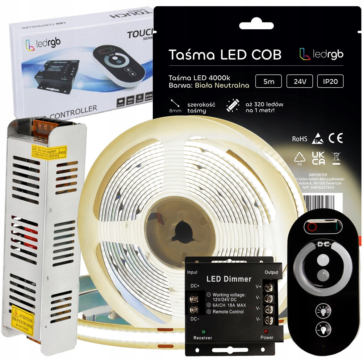 Zestaw Taśma LED COB 24V 5m 4000K biała neutralna zasilacz pilot radiowy oświetlenie dekoracyjne do wnętrz, pod szafki