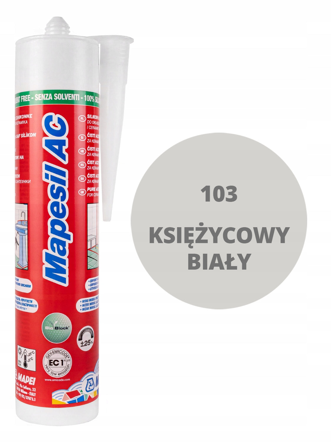 Silikon mapei mapesil AC 310ml księżycowy biały 103 uszczelniacz do łazienki, wodoodporny, grzybobójczy, do wnętrz i na