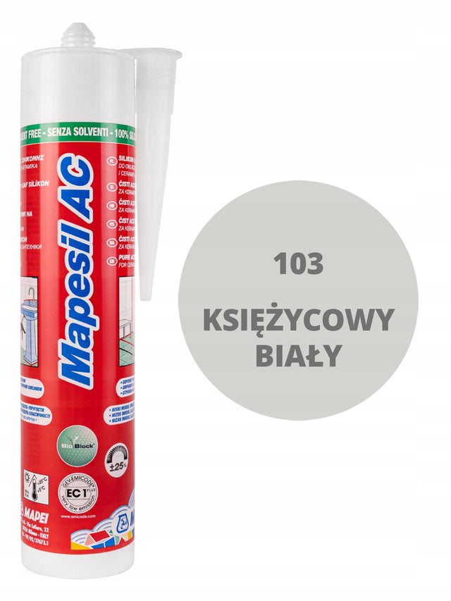 Silikon mapei mapesil AC 310ml księżycowy biały 103 uszczelniacz do łazienki, wodoodporny, grzybobójczy, do wnętrz i na zewnątrz