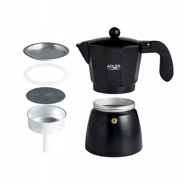 Kawiarka Zaparzacz do Kawy Adler AD 4421 - Intensywne Espresso w 320ml aluminiowa, 6 filiżanek, czarna, można myć w