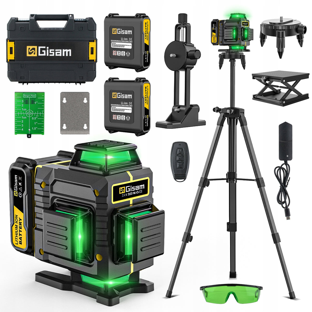 Poziomica Laserowa 4D 16 linii Zielona Laser 360° 2x Baterie Statyw Pilot Niwelator samopoziomujący do remontu i prac