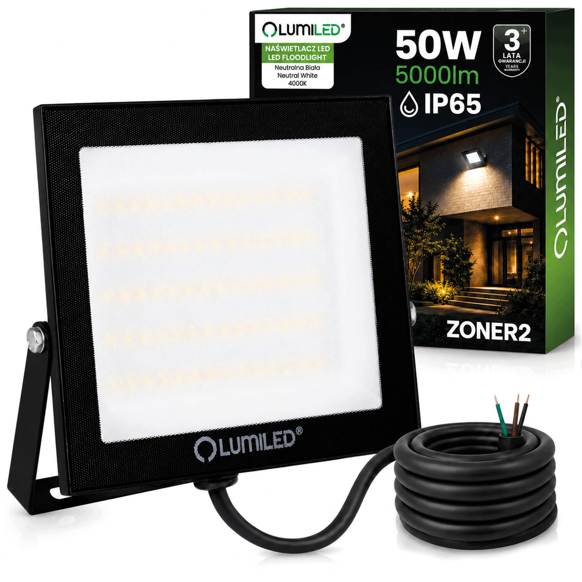 Naświetlacz LED Halogen 50W 5000LM IP65 Zewnętrzny Reflektor do Garażu Slim lampa robocza, oświetlenie warsztatowe