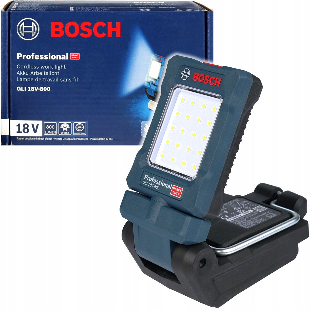 LATARKA AKUMULATOROWA 18V 800 lumenów GLI 18V-800 BOSCH lampa robocza do warsztatu, garażu i na budowę, oświetlenie