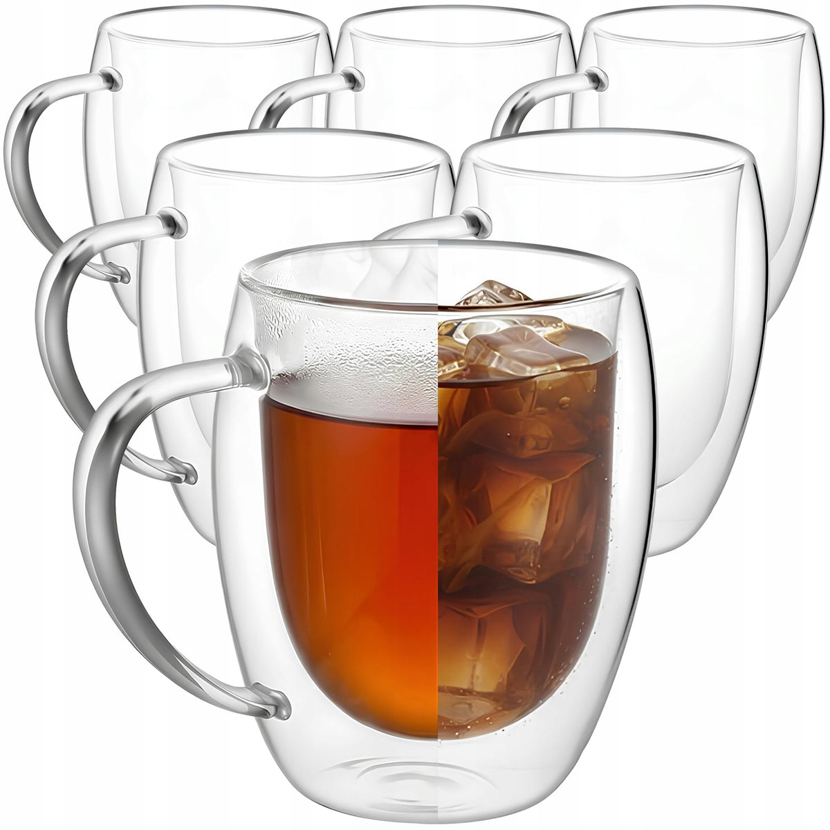 6x SZKLANKI TERMICZNE DO KAWY LATTE DRINKÓW HERBATY 350ml Z UCHEM ZESTAW podwójna ścianka, szkło bezbarwne, kubki do