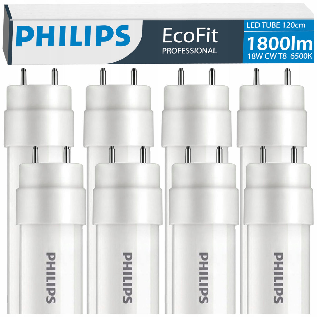 Philips Tuby Świetlówki LED 120cm 17,5W = 36W 1800lm 6500K 30000h EcoFit 8x rurka oświetleniowa G13, zimna biel do