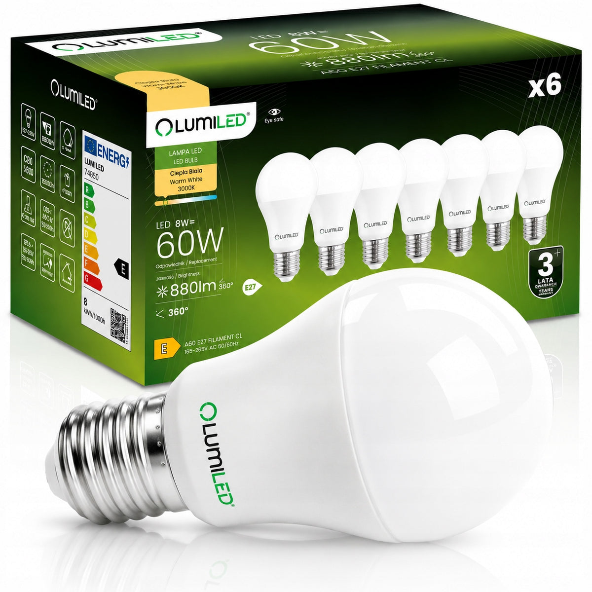 6x Żarówka LED E27 8W = 60W 880lm 3000K ciepła biała premium EMC2 NIE mruga klasyczny kształt, do lamp i kinkietów