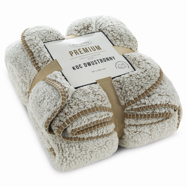 Koc Narzuta 150x200 Bukla koala beż+biały Sherpa Eurofirany Gruby 250gsm pled z mikrofibry do salonu i sypialni, certyfikat oeko-tex Standard 100